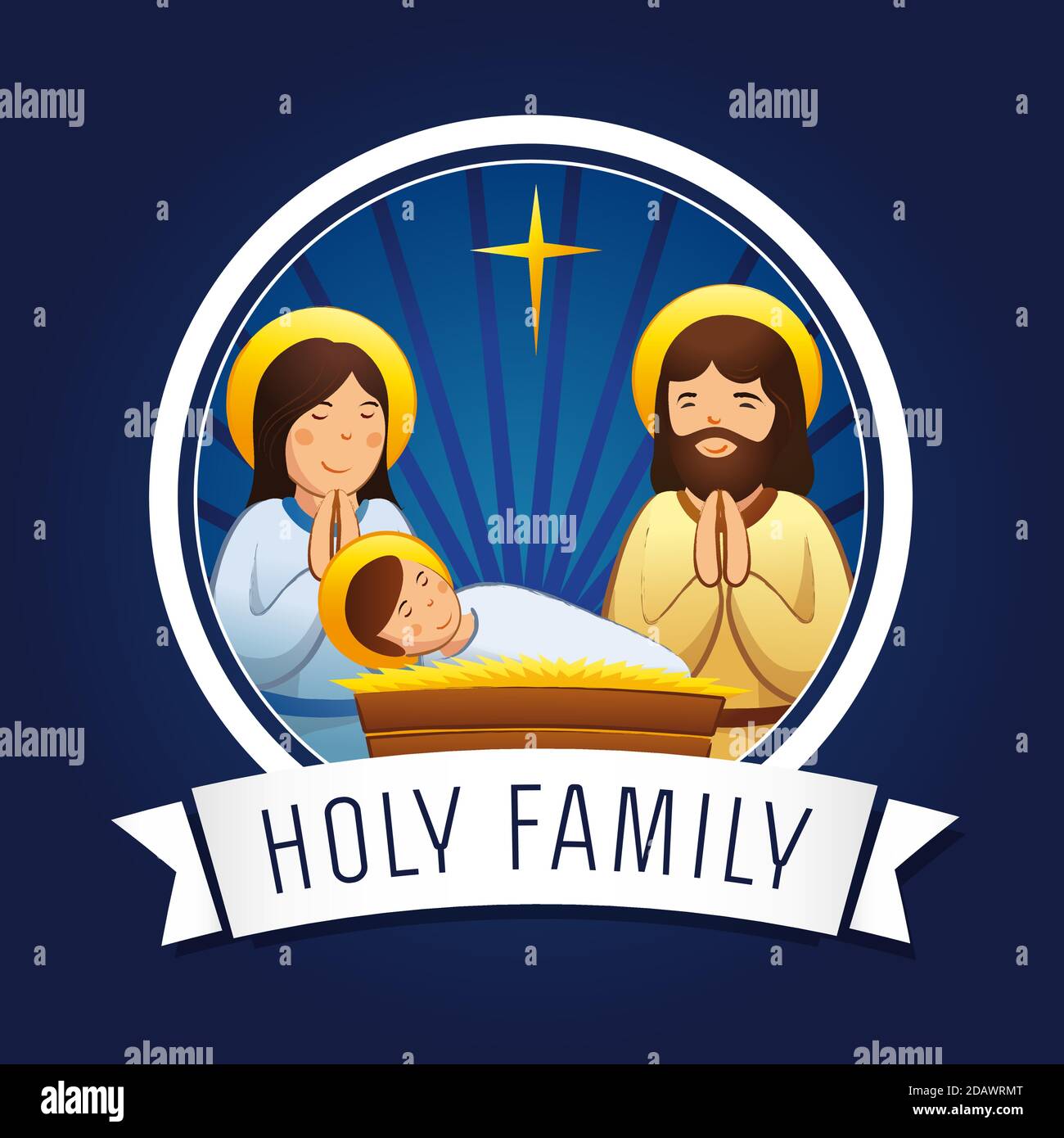 Biglietto d'auguri per il presepe di Natale, scena della Sacra famiglia.  Illustrazione vettoriale nascita di Cristo, con la preghiera di Gesù bambino  Maria e Giuseppe e stella di Betlemme Immagine e Vettoriale -