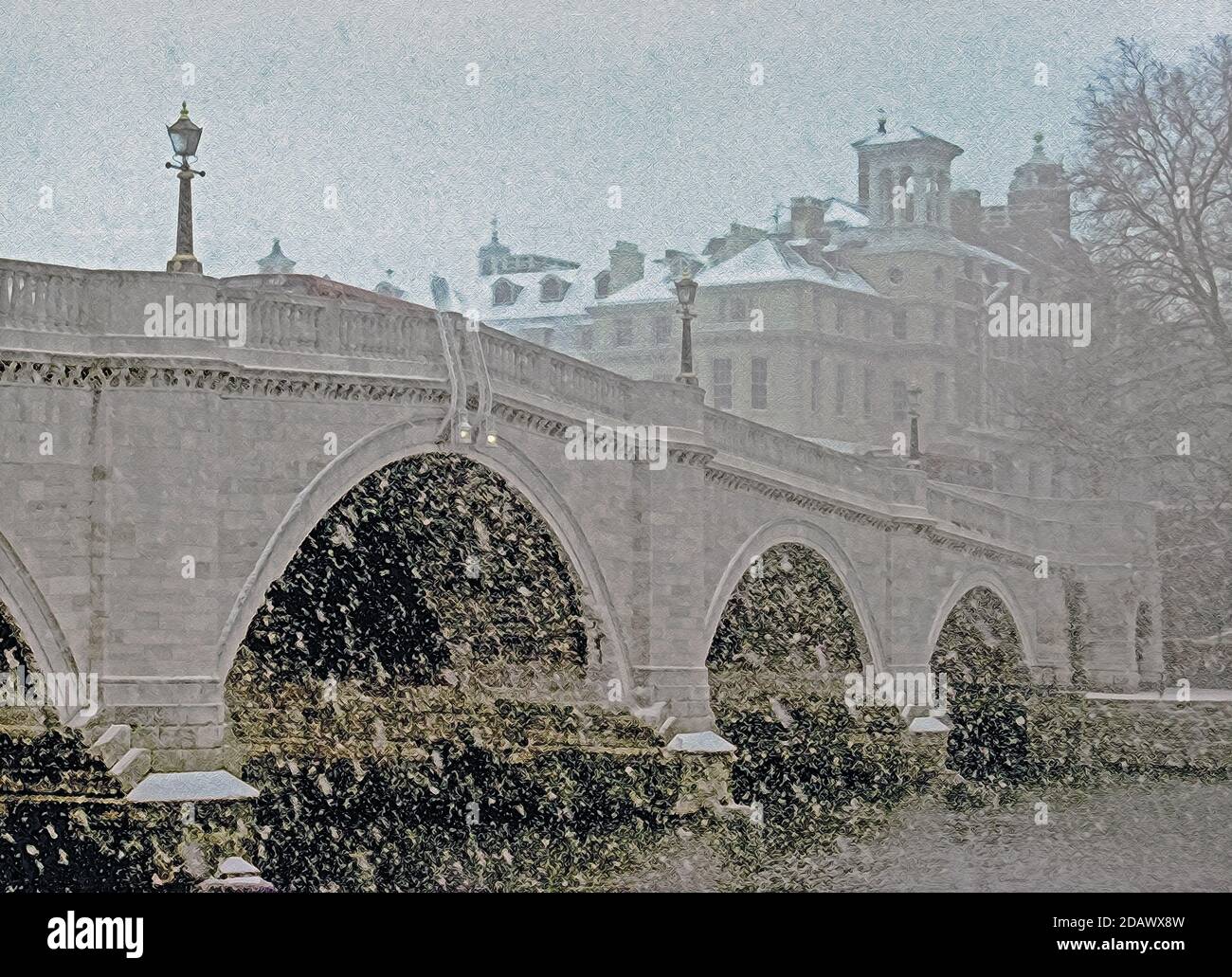Immagine archivistica scansionata del ponte di Richmond sul Tamigi durante la neve all'inizio del 1991 Foto Stock