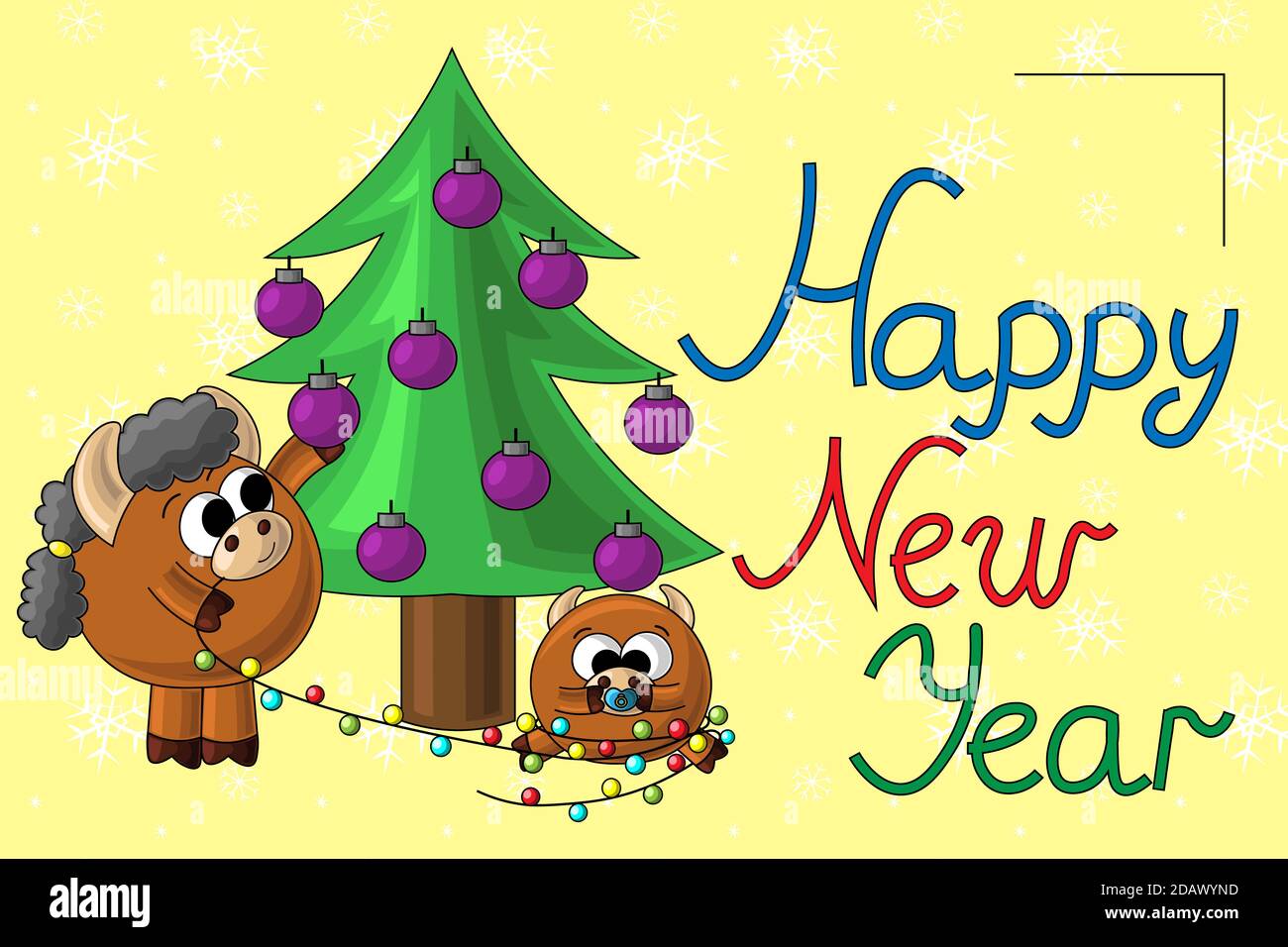 Carta di Natale con carino cartoon bull bambino e garland Illustrazione Vettoriale