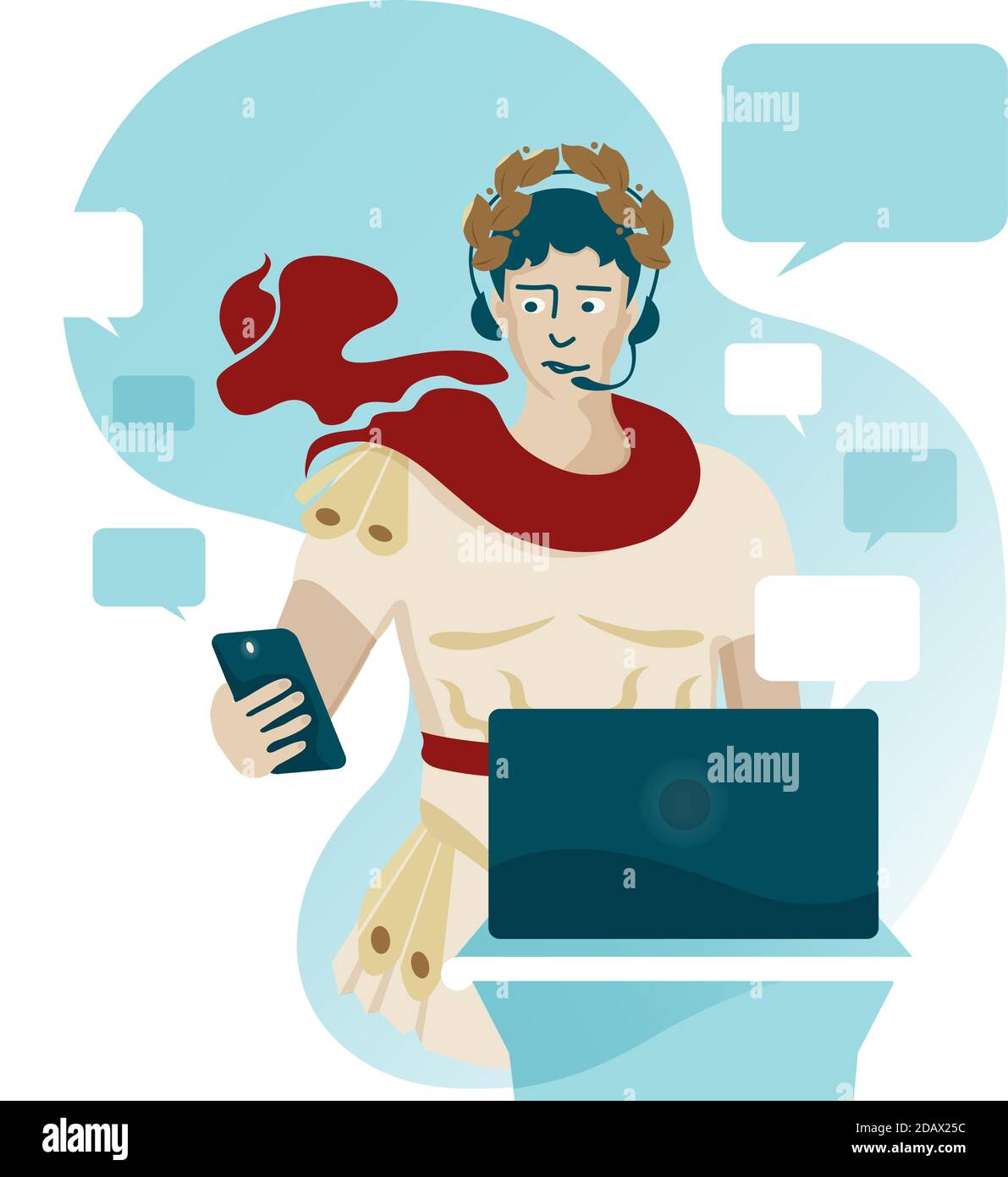 Illustrazione vettoriale sulla gestione multitasking, l'attenzione sparsa, manager, lavoratore remoto ufficio, Caesar in una corona di alloro e rosso mantello con me Illustrazione Vettoriale
