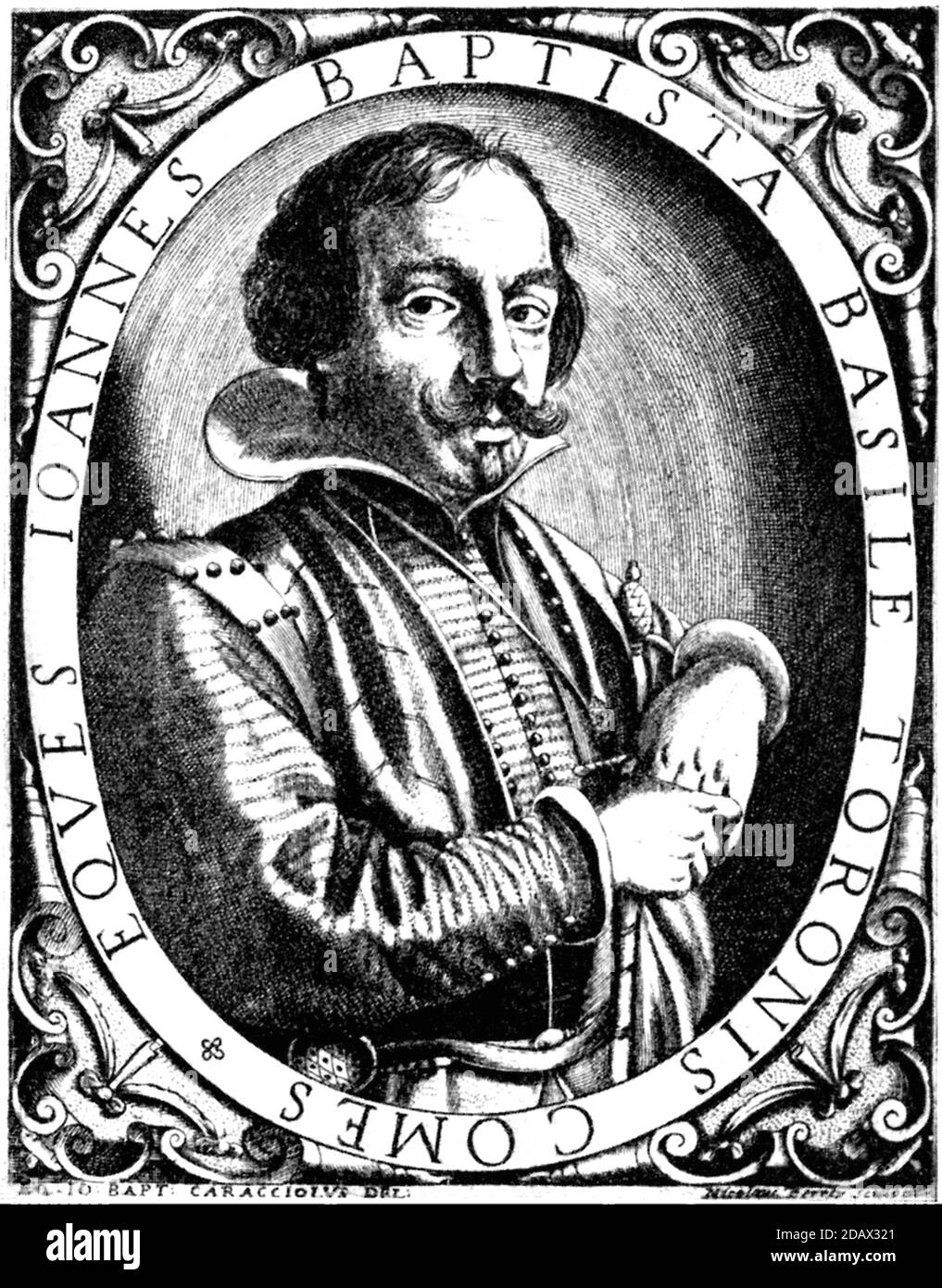 1630 ca, ITALIA : il nobile umanista e collezionista italiano GIAMBATTISTA BASILE ( Giovan Battista , 1566 - 1632 ). Autore del celebre libro di favole ' lo CUNTO DE li CUNTI ' (pubblicato postumo nel 1634-1646 ). Ritratto di Nicolaus Perrey , tratto dal dipinto originale di Giovan Battista Caracciolo . - FIABE - FAVOLE - Favoliere - SCRITTORE - WRITER - ITALIA - LETTERATO - LETTERATURA - LETTERATURA - incisione - incisione - illustrazione - ritratto - ritratto - baffi - baffi - BAROCCO - FANTASY --- ARCHIVIO GBB Foto Stock