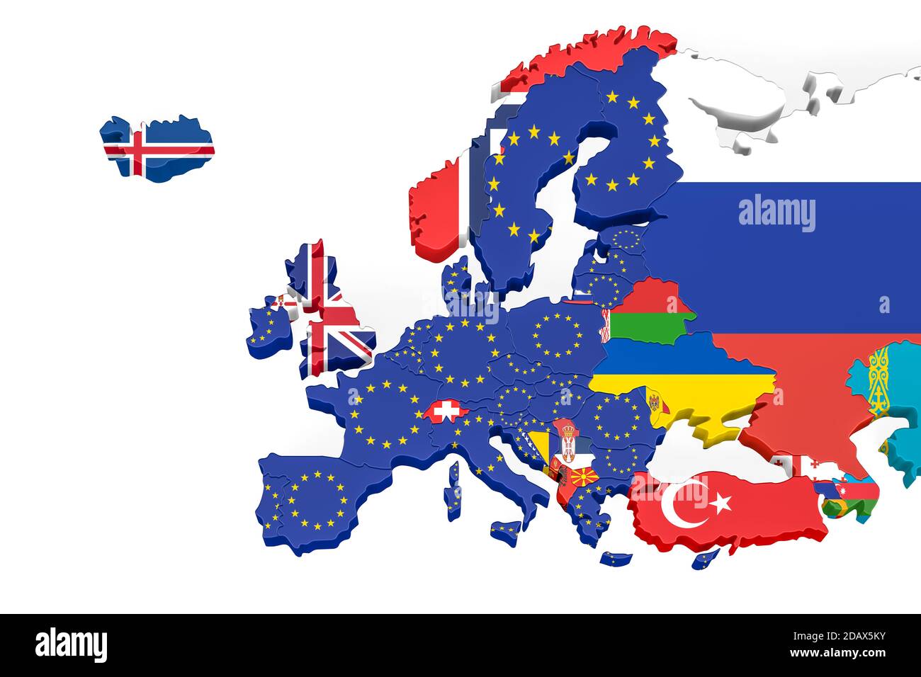 Europa Mappa 3d con i confini marcati - stati membri dell'Unione europea contrassegnati con una bandiera dell'UE, altri paesi contrassegnati con una propria bandiera - isolati sulla banchina Foto Stock