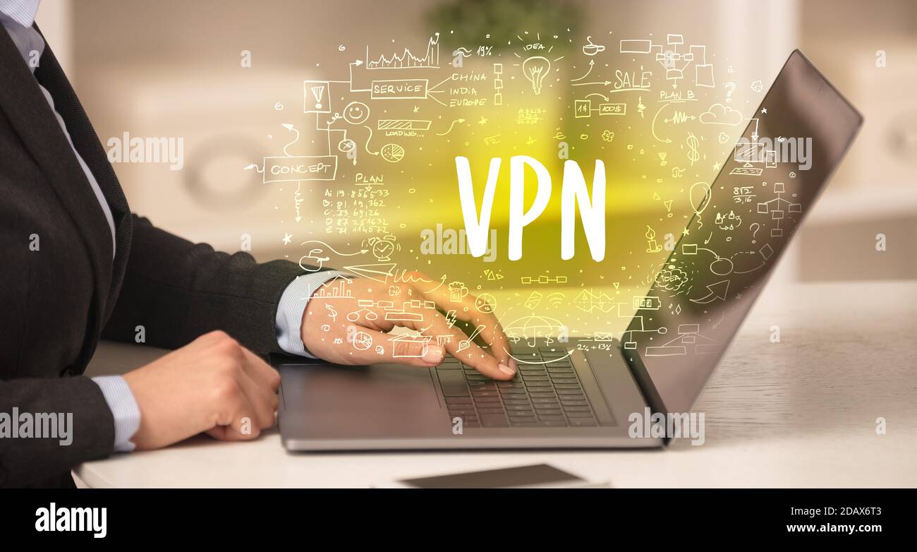 Lavoro manuale su un nuovo computer moderno con l'abbreviazione VPN, concetto di tecnologia moderna Foto Stock