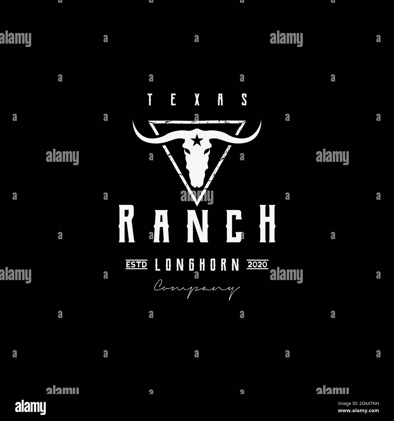 Texas Longhorn, Country Western Bull Cattle Vintage retro Logo Design. Illustrazione Vettoriale