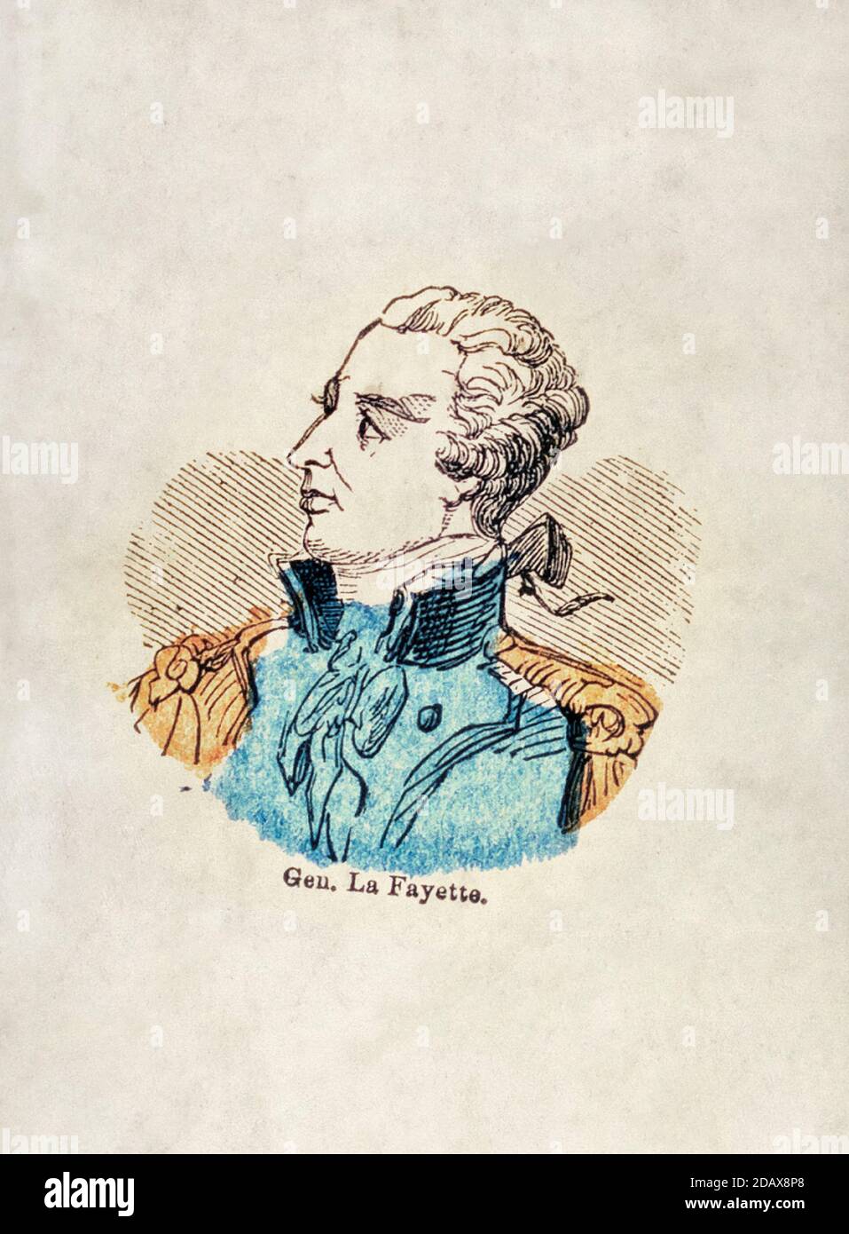 Incisione del generale de Lafayette. Gilbert du Motier, marchese di Lafayette (1757 – 1834), è stato un aristo francese Foto Stock