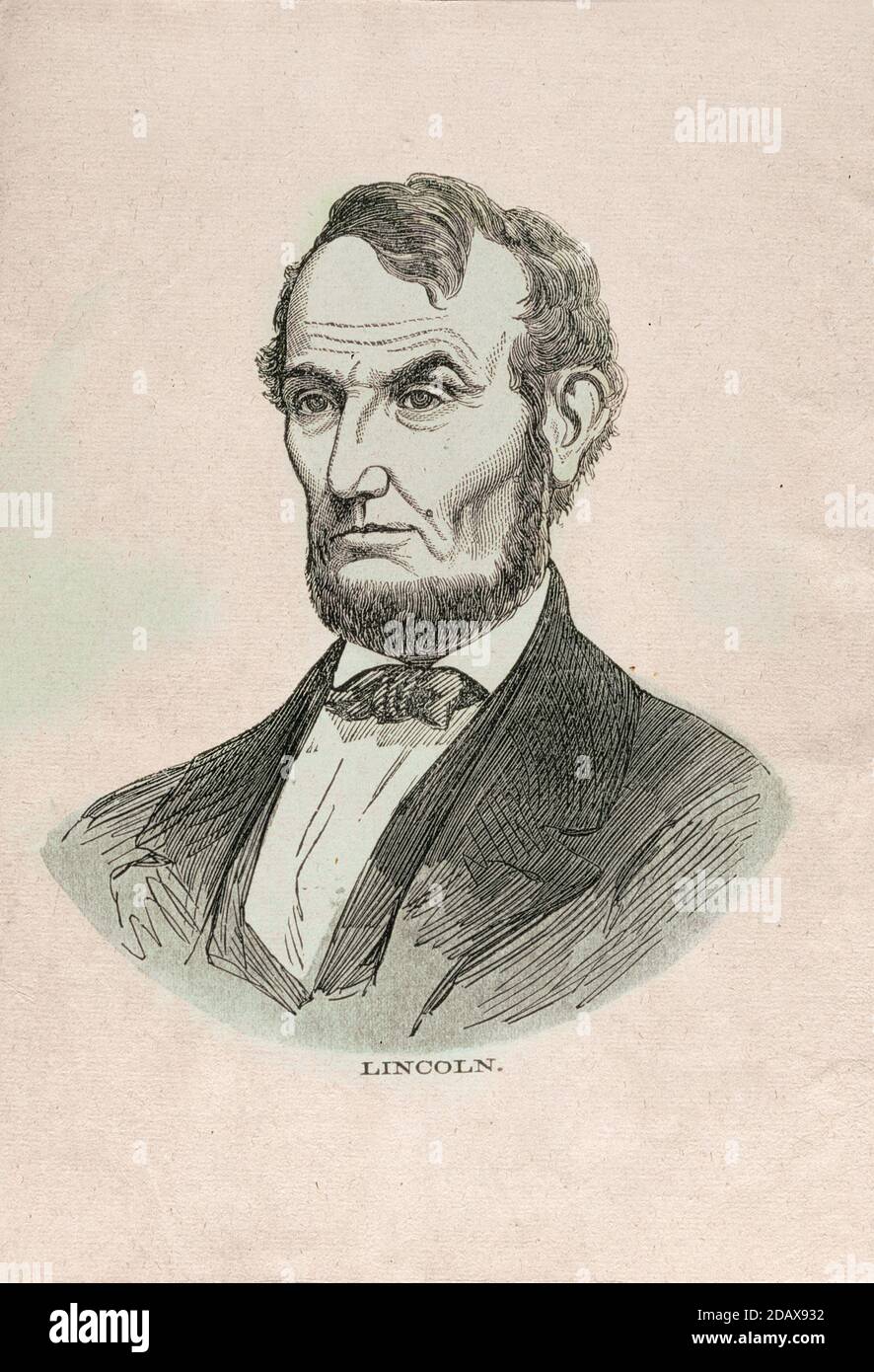 Incisione del presidente Abraham Lincoln. Abraham Lincoln (1809 – 1865) è stato uno statista e avvocato statunitense che ha ricoperto il ruolo di sedicesimo presidente dell'uni Foto Stock