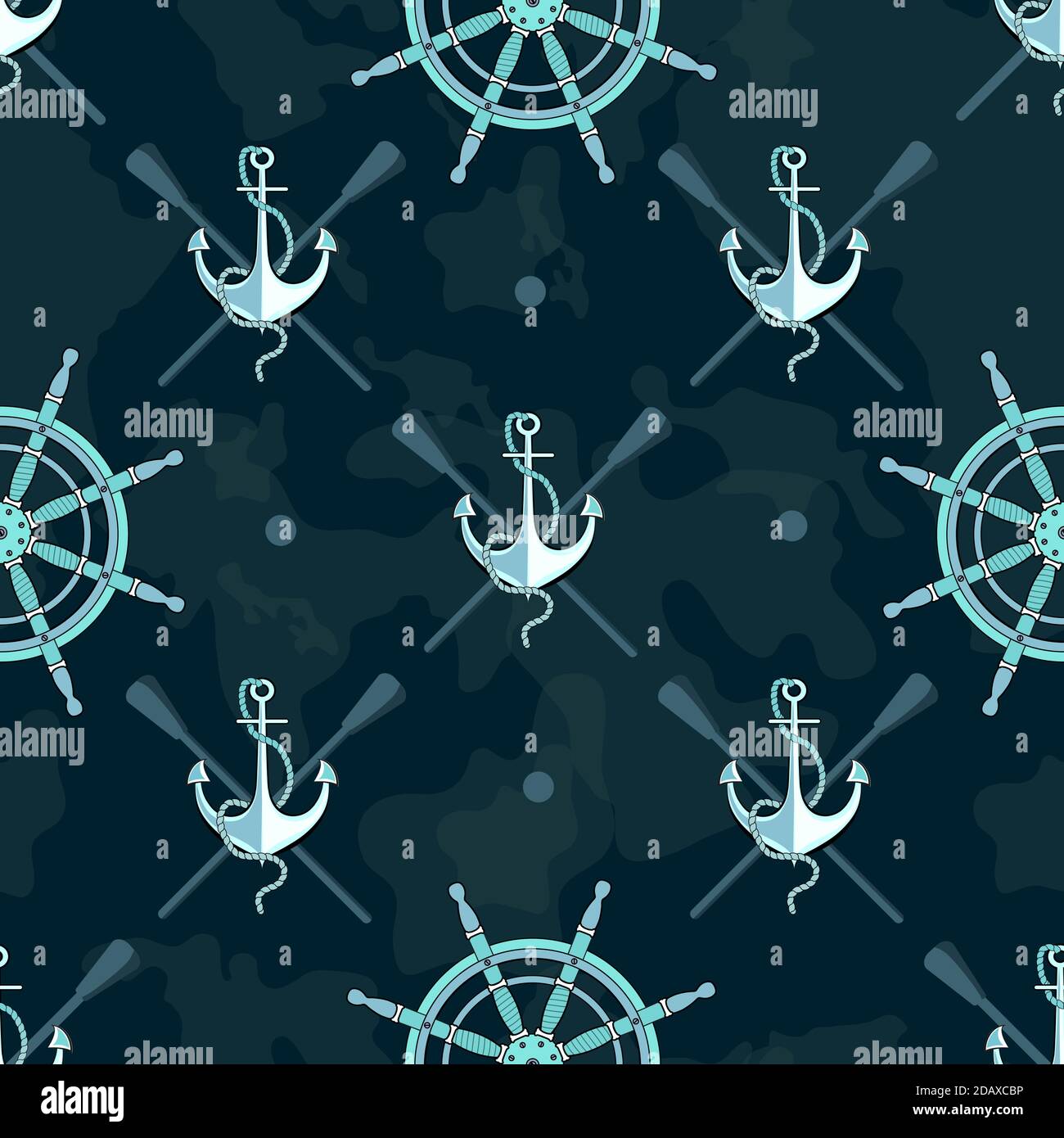 Modello per ragazzi. Tema marino. Sfondo senza cuciture con ancoraggio e volante della nave. I contorni della mappa del mondo. Illustrazione Vettoriale
