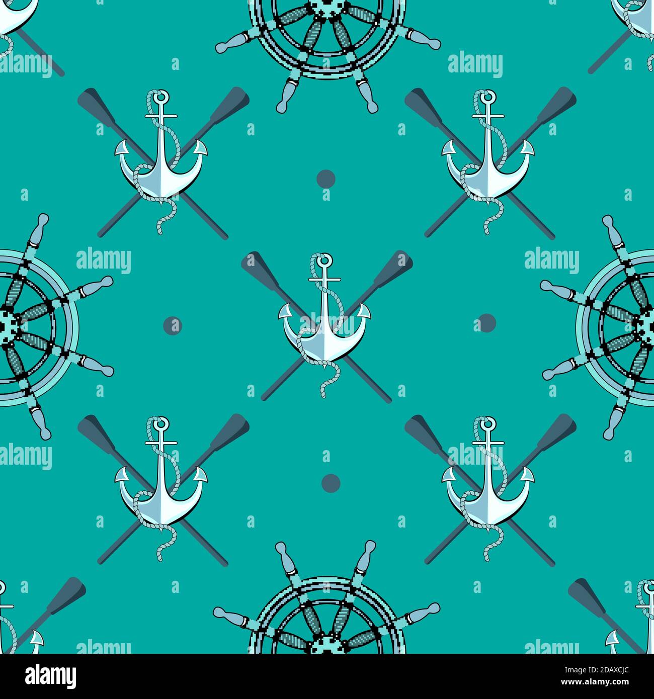 Modello per ragazzi. Tema marino. Modello senza cuciture con ancora e volante della nave su sfondo azzurro. I contorni della mappa del mondo. Illustrazione Vettoriale