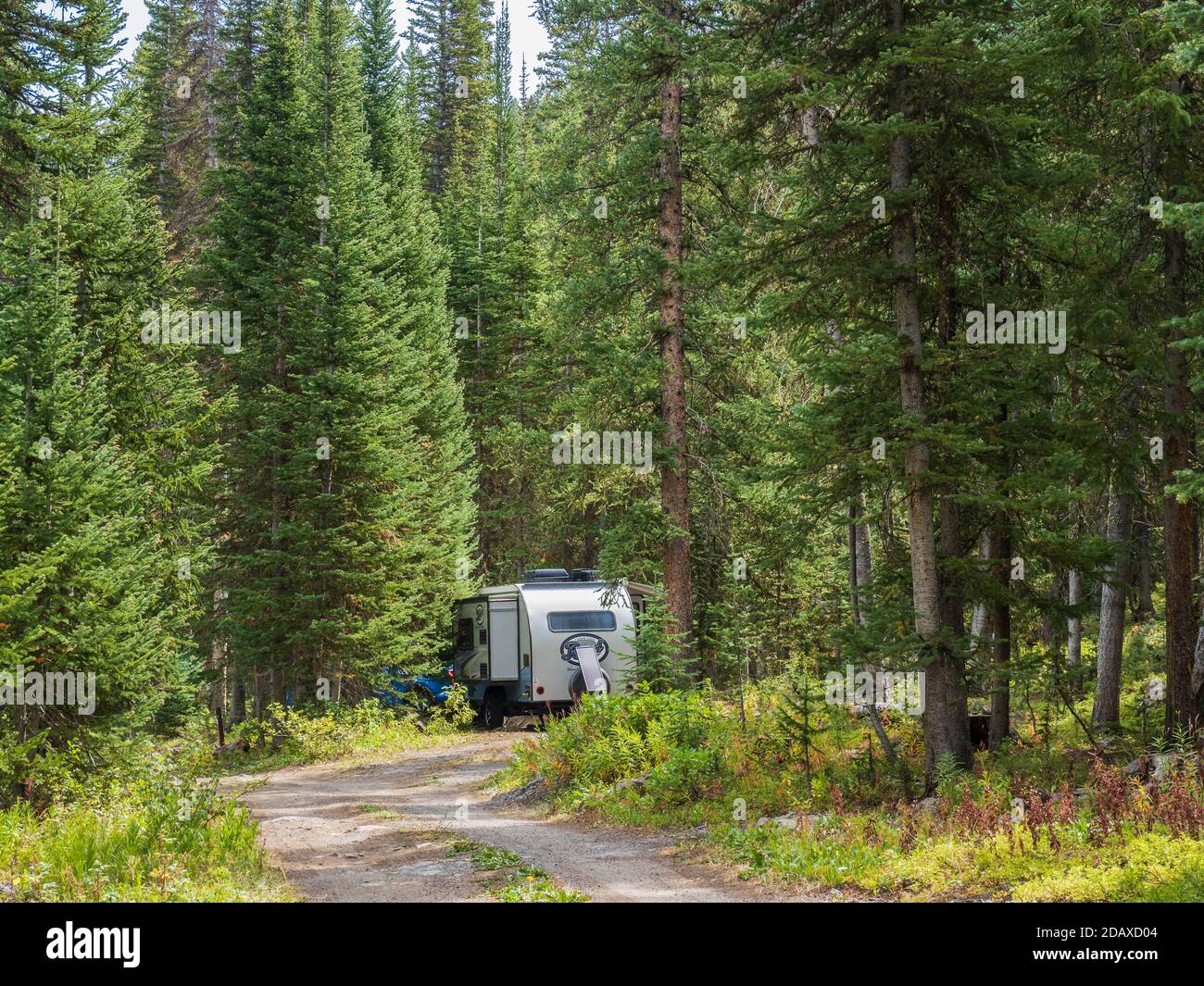 Trailer in Spruce Grove Campground, Grand Mesa, Colorado. Foto Stock