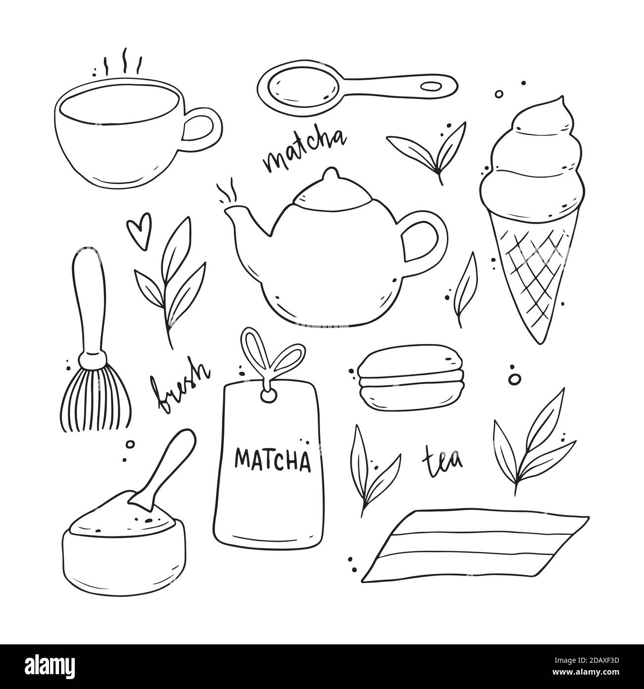 Set di ingredienti di tè matcha disegnati a mano e elementi tradizionali per cerimonie, tazza, cucchiaio, foglia di matcha. Illustrazione dello stile di schizzo Doodle. Illustrazione Vettoriale