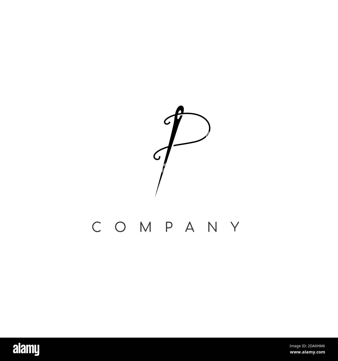 Semplice p iniziale con filo e ago per logo icona Moda su misura. Illustrazione Vettoriale