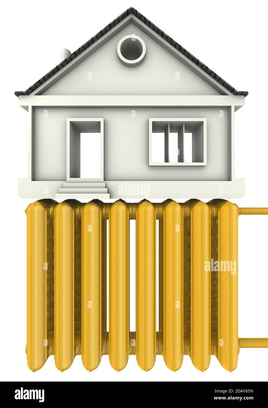 Riscaldamento casa. Il concetto. Un radiatore di riscaldamento dorato con casa simbolica, isolato su sfondo bianco. Illustrazione 3D Foto Stock