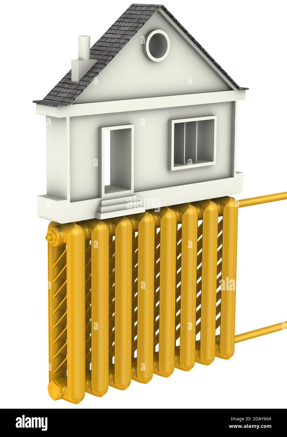 Riscaldamento casa. Il concetto. Un radiatore di riscaldamento dorato con casa simbolica, isolato su sfondo bianco. Illustrazione 3D Foto Stock