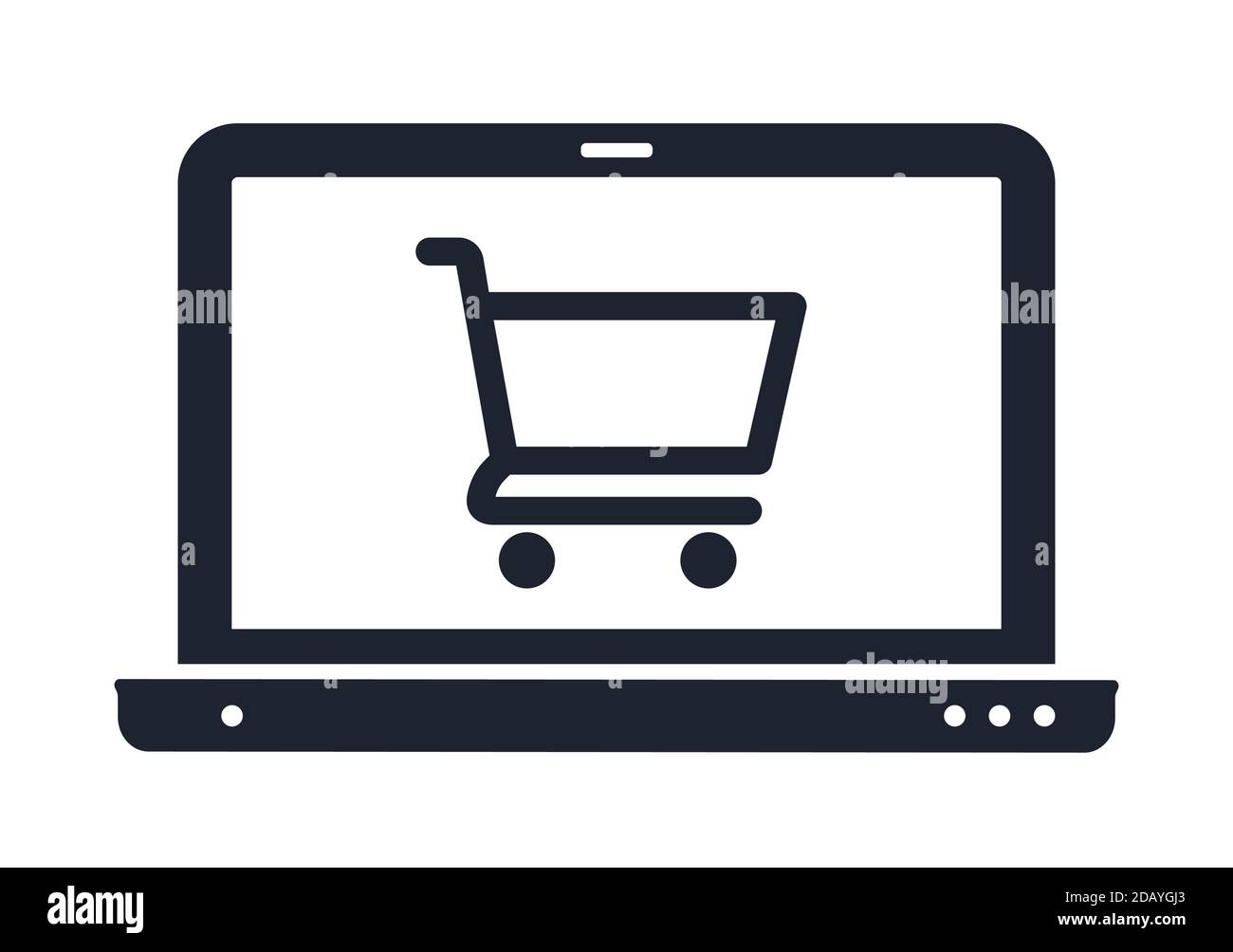 Icona del computer portatile con il carrello della spesa sullo schermo. Simbolo dell'illustrazione vettoriale degli acquisti online. Illustrazione Vettoriale