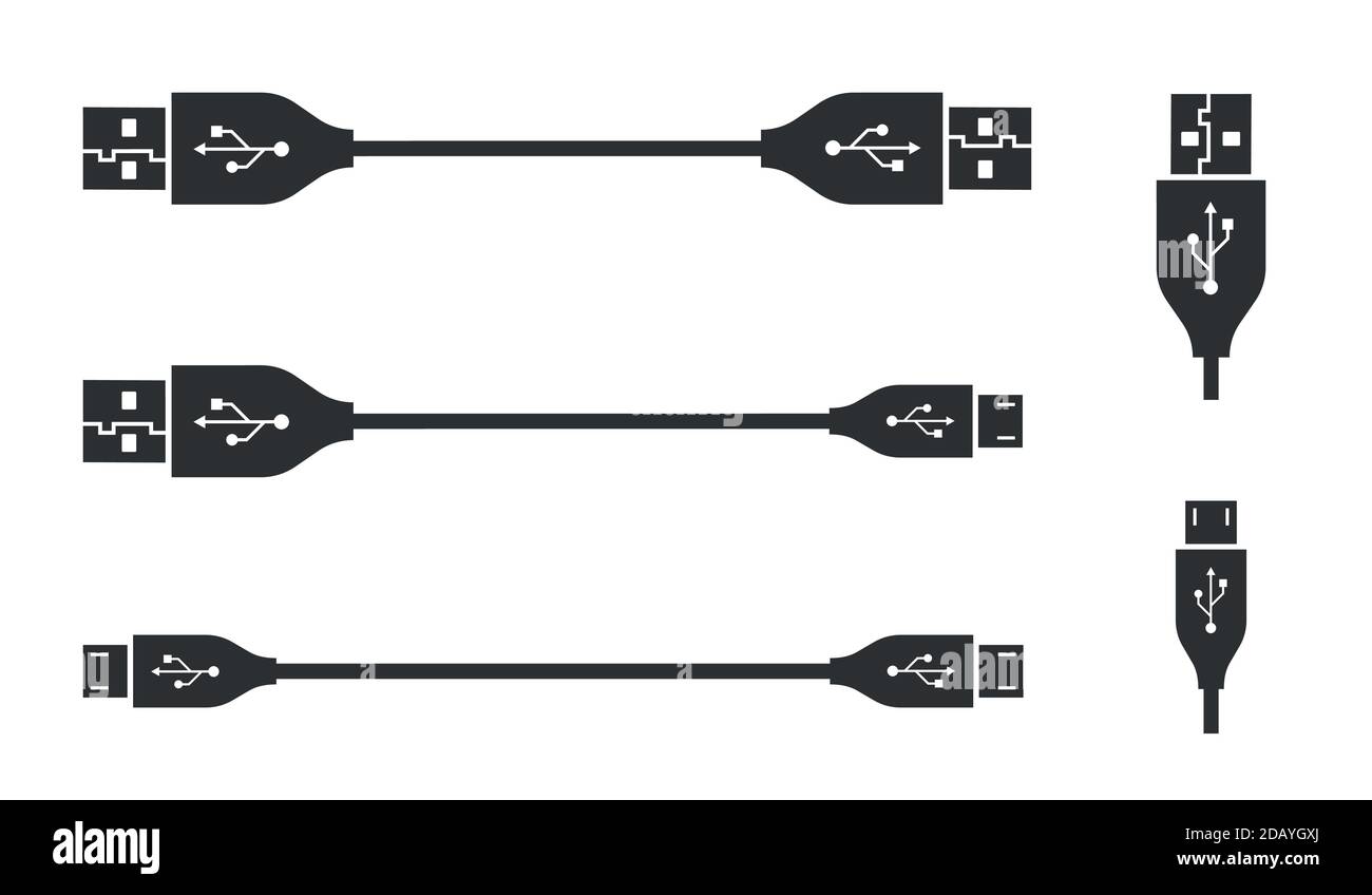 Icone della spina di collegamento USB e micro e del cavo adattatore o. simbolo dello standard industriale del bus seriale universale Illustrazione Vettoriale