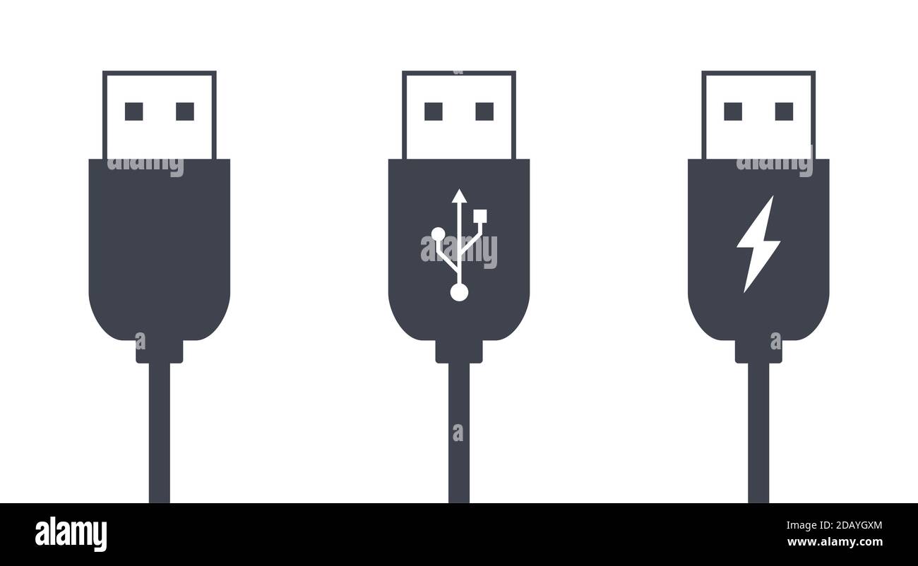 Collegamento dati USB e spine del cavo di ricarica icona dell'illustrazione vettoriale e simboli Illustrazione Vettoriale