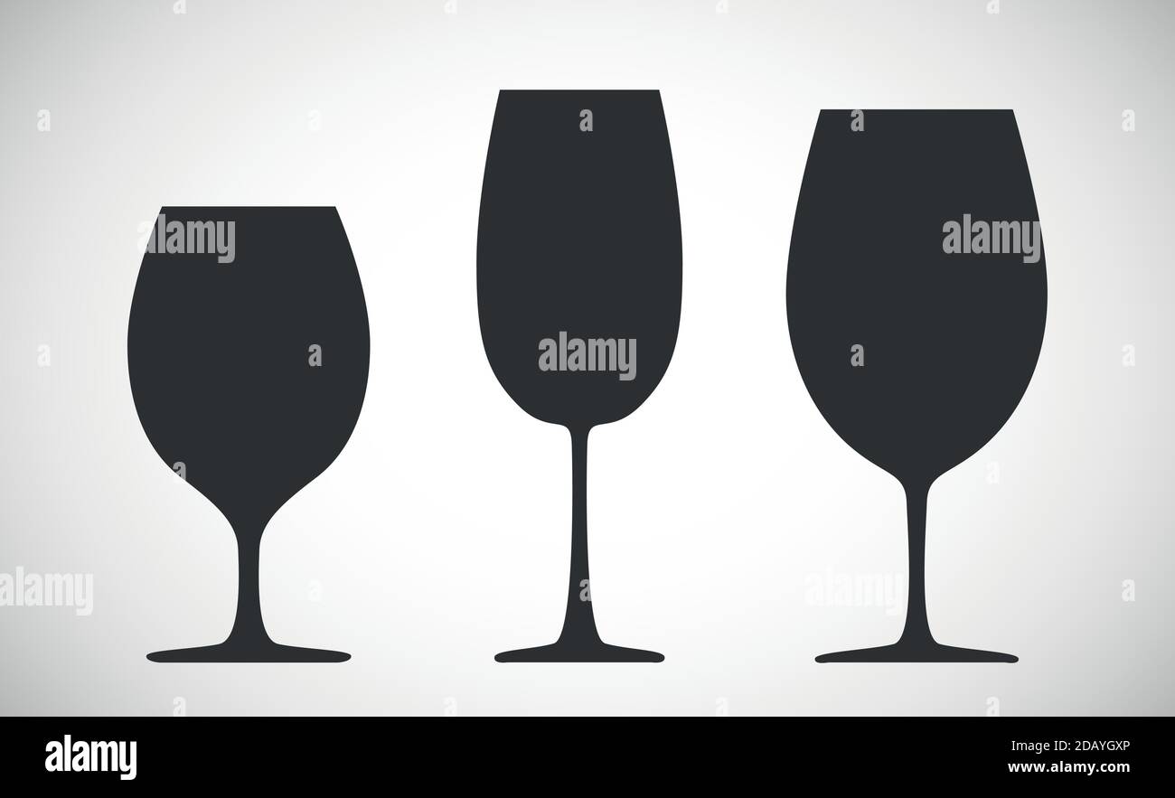 Icone di vino spumante o bicchieri cognac. Simboli di diversi bicchieri per bevande Illustrazione Vettoriale