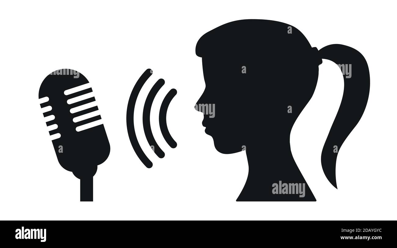 Icona di illustrazione del vettore del simbolo del podcast e della donna del microfono del casting del canto Illustrazione Vettoriale