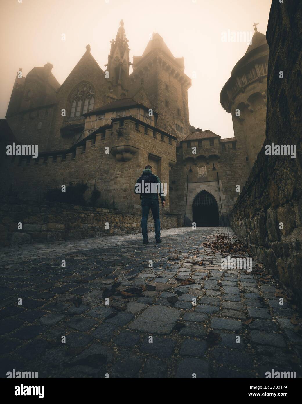 Castello Kreuzenstein in Austria durante l'autunno in una mattina foggy Foto Stock