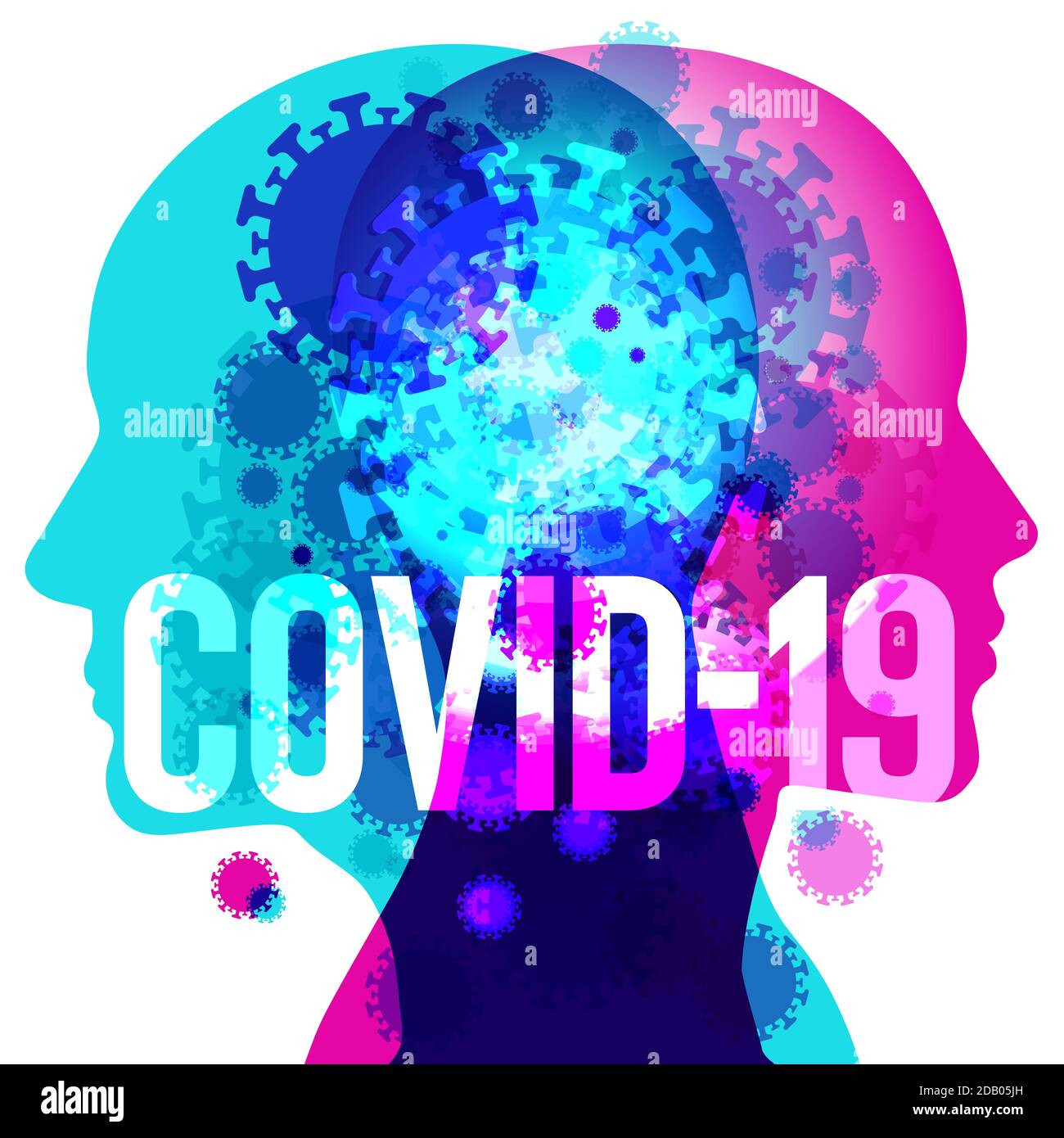 2 silhouette a figura posteriore posizionate da dietro a dietro, sovrapposte con varie forme di Coronavirus semitrasparente sovrapposte. La parola "COVID-19" Illustrazione Vettoriale
