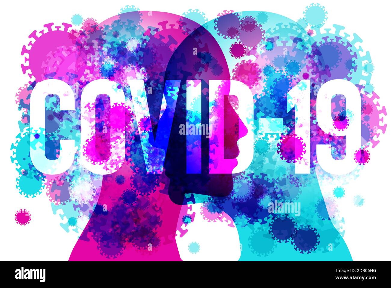 2 persona faccia a faccia silhouette laterale, sovrapposta con varie dimensioni di coronavirus trasparente sovrapposto. Il testo "COVID-19" viene sovrapposto. Illustrazione Vettoriale