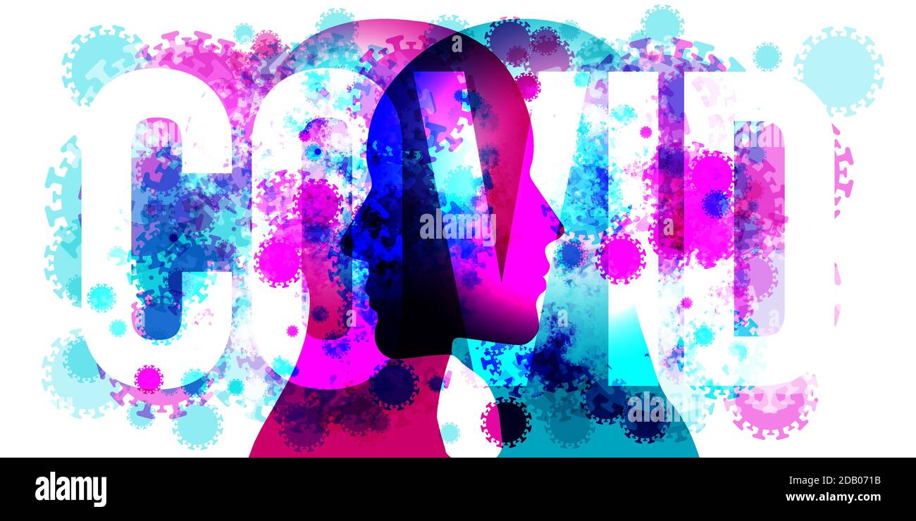silhouette laterale da 2 persone faccia a faccia sovrapposta con varie forme di virus semitrasparenti. La parola "COVID" viene posizionata centralmente. Illustrazione Vettoriale