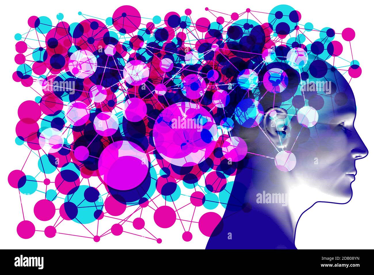 Un profilo lato testa sovrapposto con dettagli di rete di varie dimensioni semi-trasparente che si sovrappongono "nodi e linee connesse". Illustrazione Vettoriale