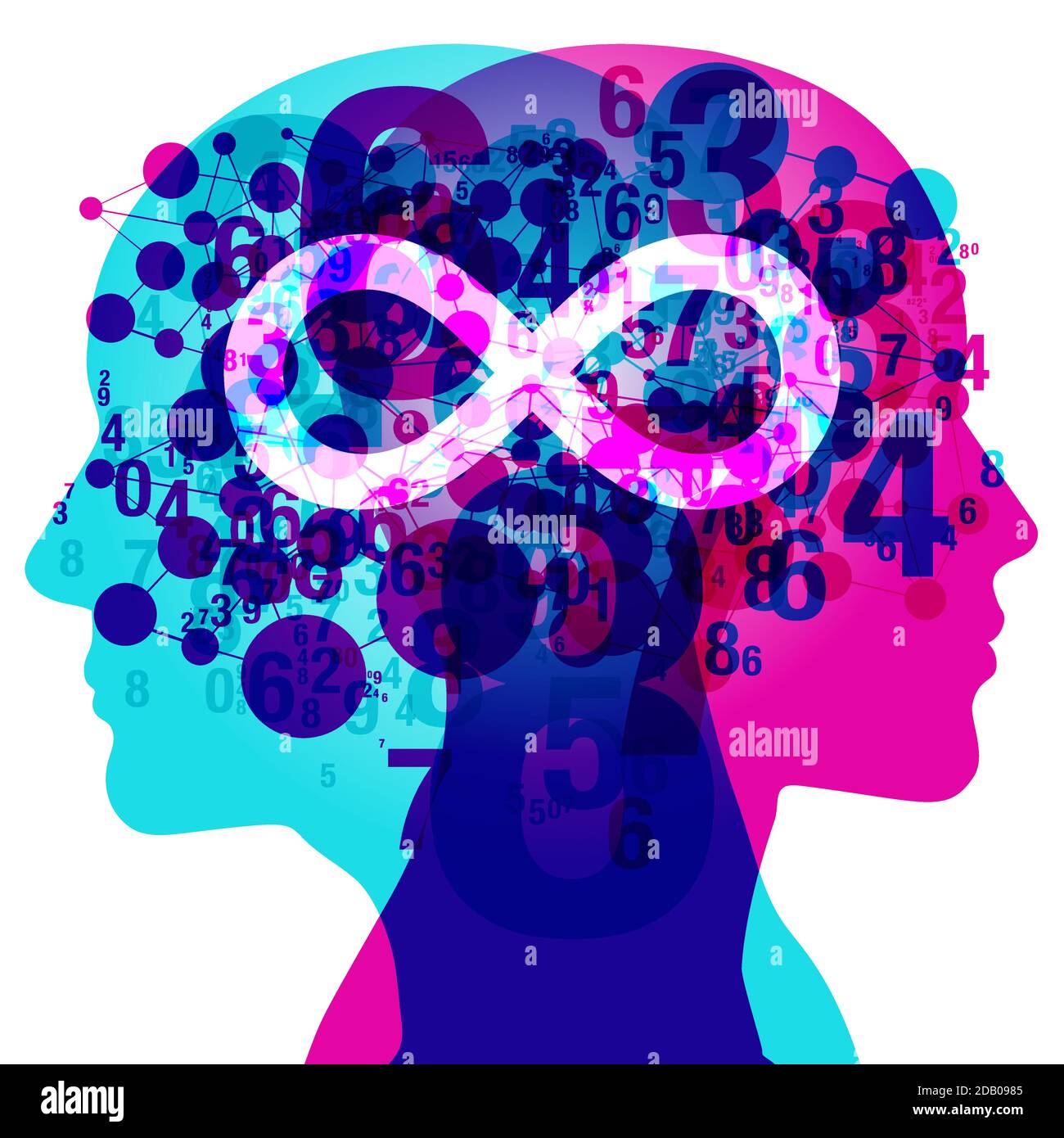 silhouette da 2 persone con numeri semitrasparenti e forme collegate. Al centro è sovrapposto il simbolo bianco "infinito". Illustrazione Vettoriale