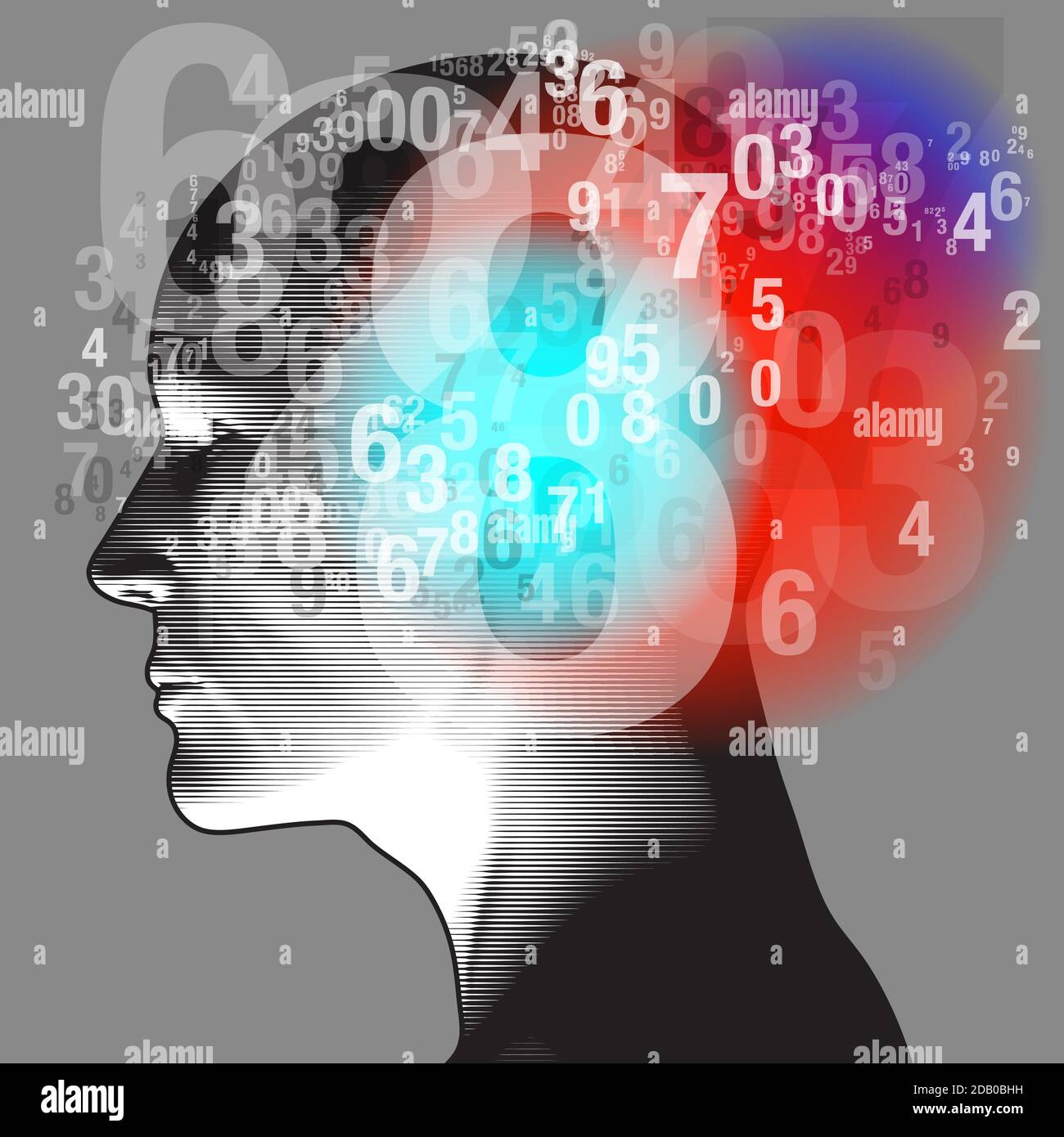 Un profilo laterale sinistro di un adulto, con un modello sovrapponente di "numeri (da 0 a 9)" semitrasparenti. Illustrazione Vettoriale