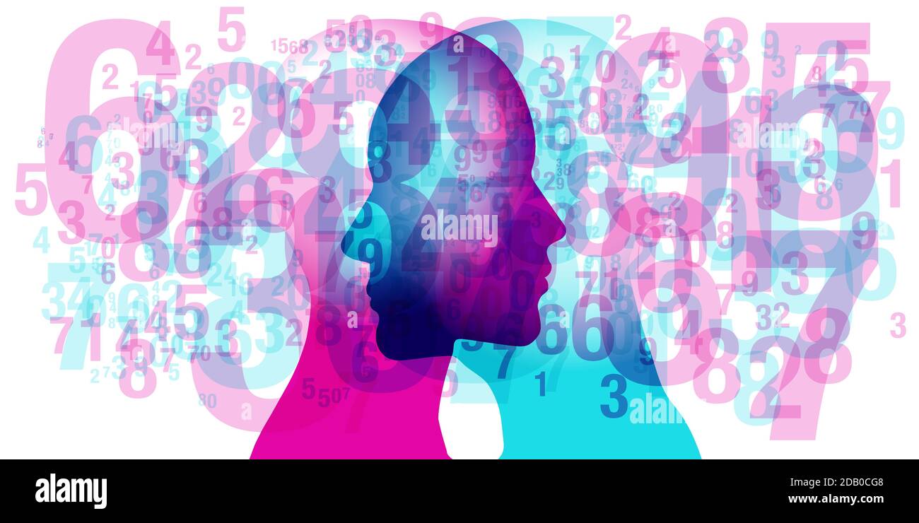 silhouette da 2 persone con numeri semitrasparenti e forme collegate. sovrapposto con numeri semitrasparenti di varie dimensioni. Illustrazione Vettoriale
