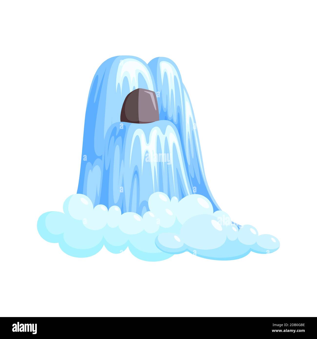 Cascata cascata in spruzzi giù con schiuma. Cascata di acqua isolata su sfondo bianco. Illustrazione vettoriale in stile cartoon Illustrazione Vettoriale