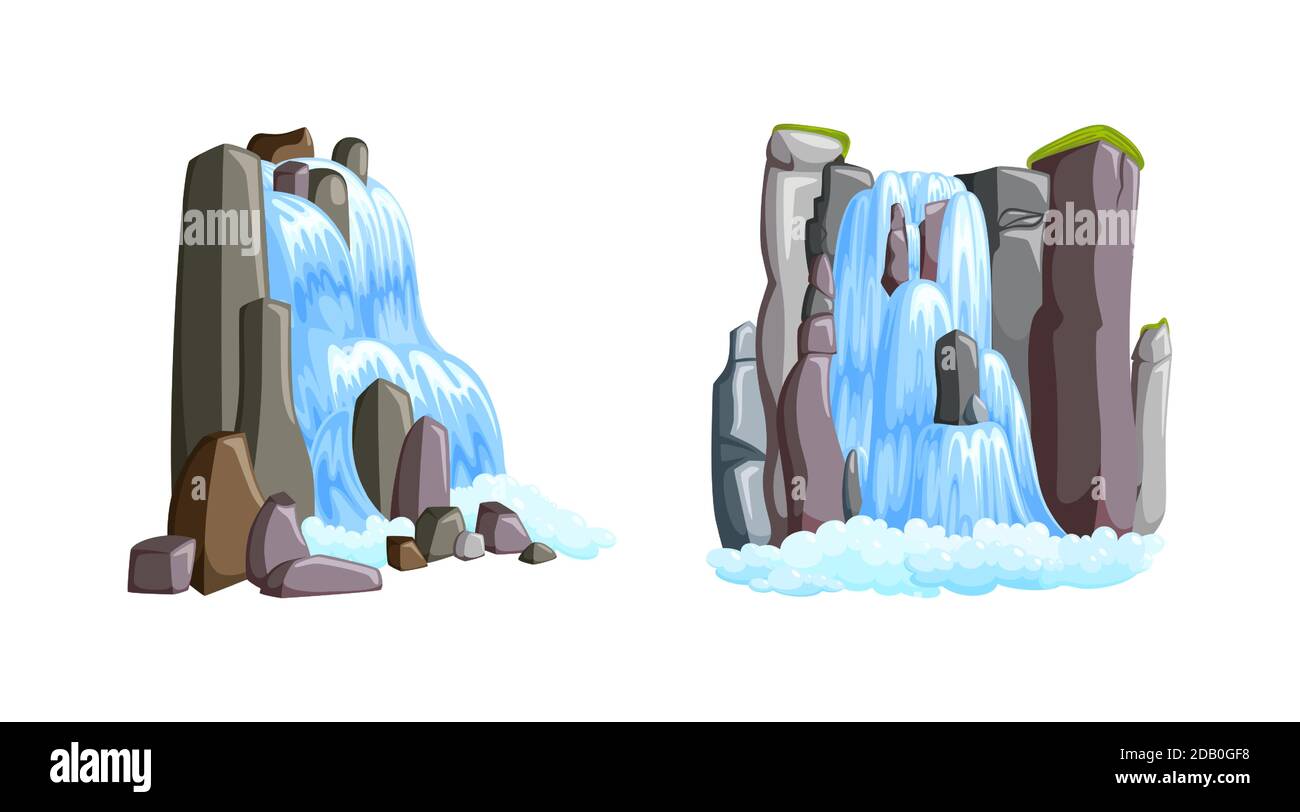 Cascate in montagna con vista frontale e laterale. Cascate isolate su sfondo bianco. Illustrazione vettoriale in stile cartoon Illustrazione Vettoriale