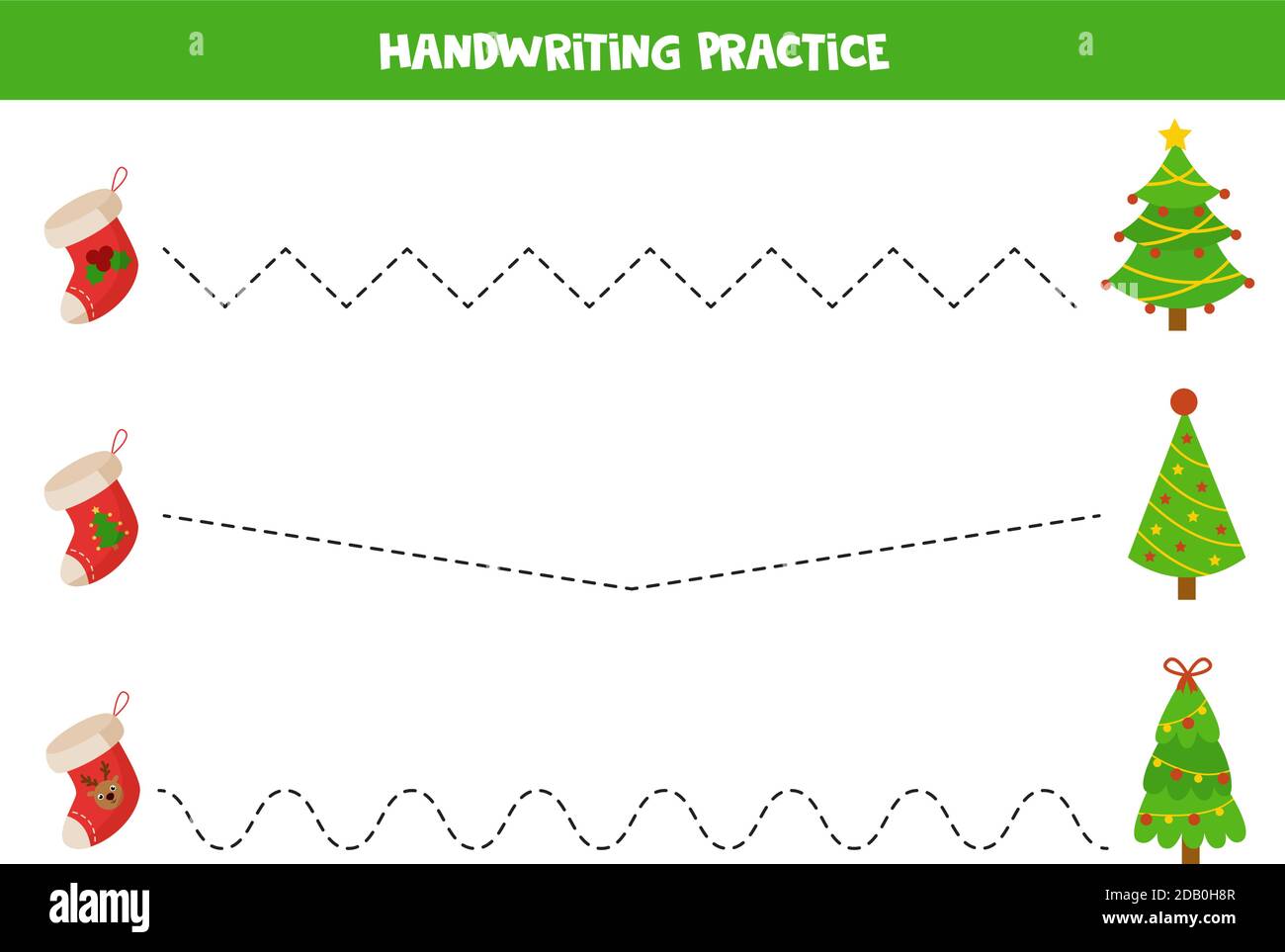 Traccia le linee con i calze di Natale cartoon e gli alberi. Illustrazione Vettoriale