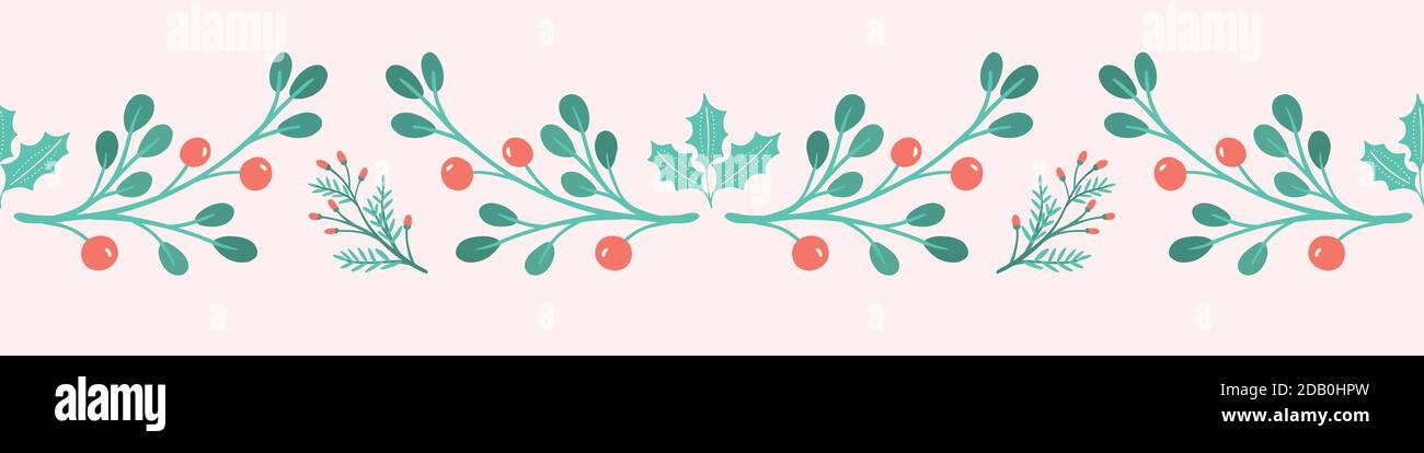 Sfondo banner Natale. Dolce festa banner di agrifoglio, bacche e fogliame, vettore stagionale senza cuciture ripetizione. Illustrazione Vettoriale