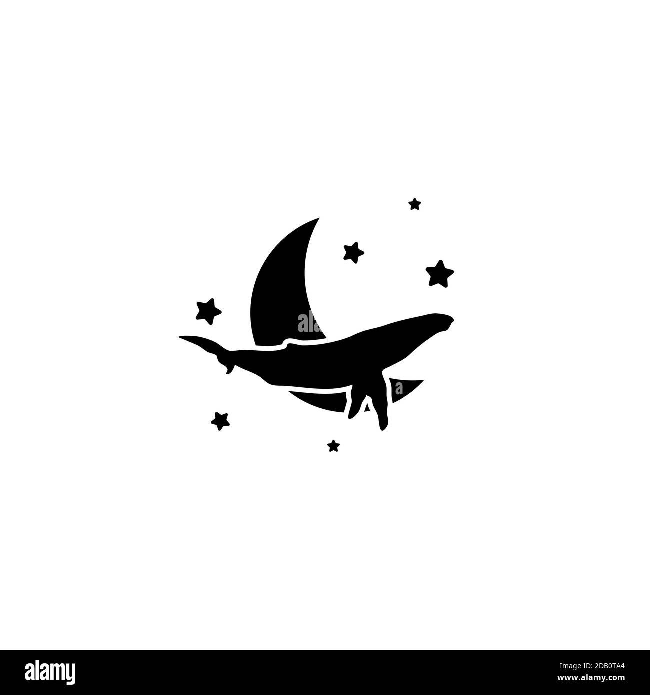 Silhouette nera di aggraziate balena e stelle. Simbolo della fiaba. Icona piatta vettoriale isolata su sfondo bianco. Logo magico. Illustrazione Vettoriale