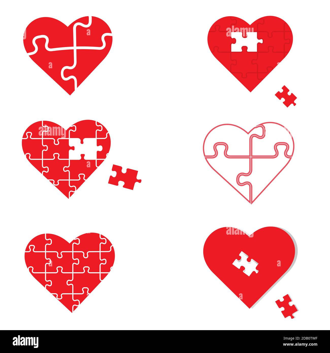 Set di cuori rossi con pezzi di puzzle, isolati su sfondo bianco. Amore, medico, simbolo del rapporto. Consapevolezza autismo. San Valentino. Illustrazione Vettoriale