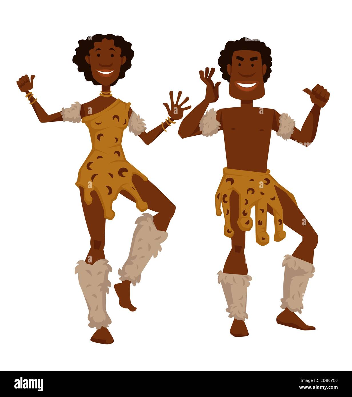 Tribù africana uomo e donna in pelle animale e pelliccia danza Illustrazione Vettoriale