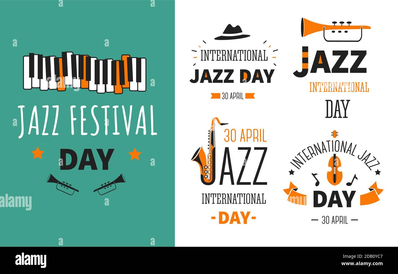 Jazz festival strumenti musicali musica genere poster e emblemi Illustrazione Vettoriale