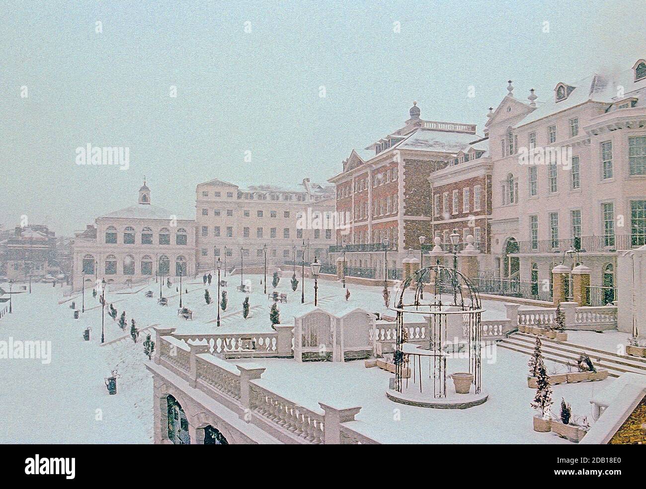 Illustrazione fotografica dell'immagine archivistica di Riverside dal ponte di Richmond Sopra il Tamigi durante la neve all'inizio del 1991 Foto Stock