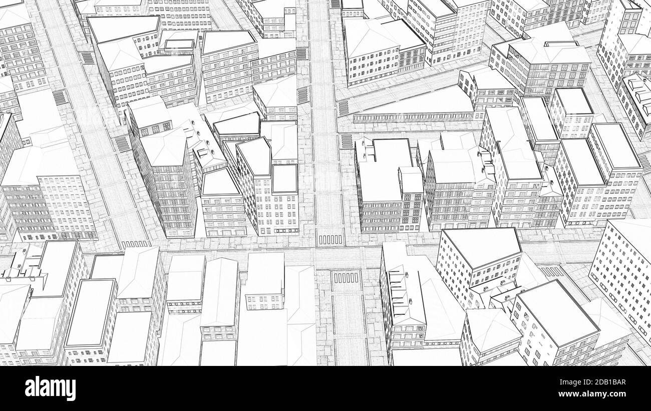 Schizzo 3d disegno città rappresentazione 3d scenografia urbana Foto Stock