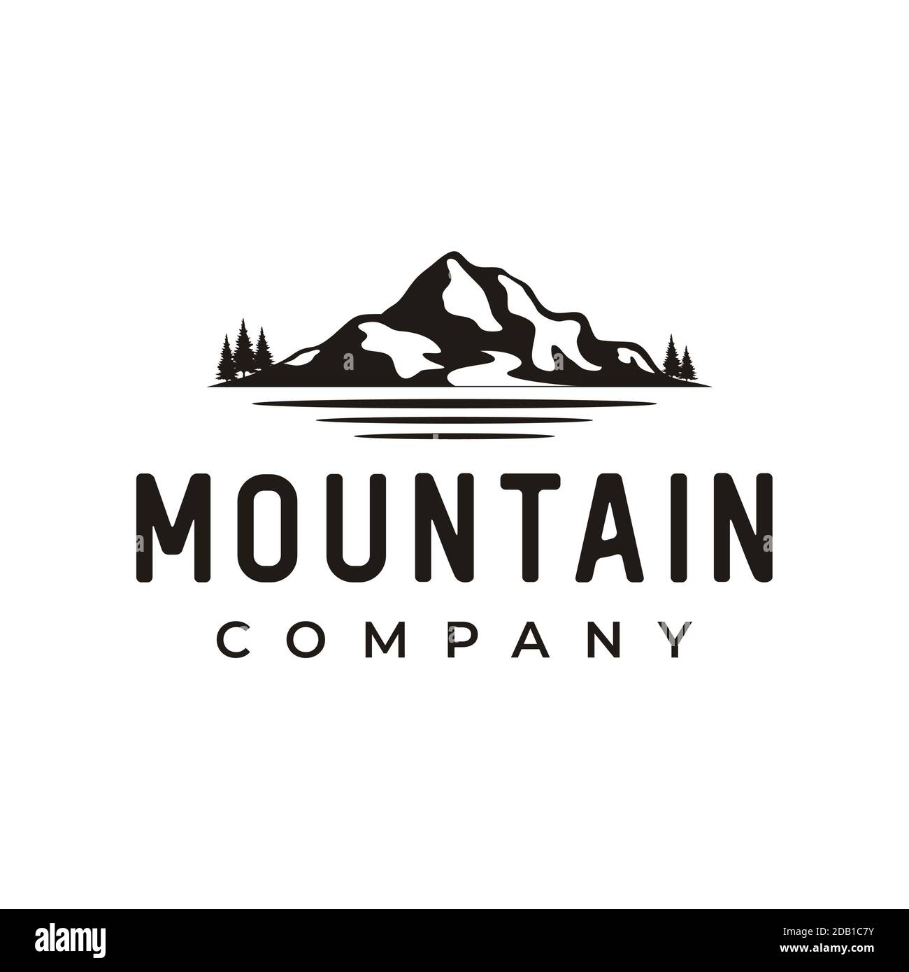 Silhouette paesaggio montano con logo Sea and Lake River Forest design Illustrazione Vettoriale
