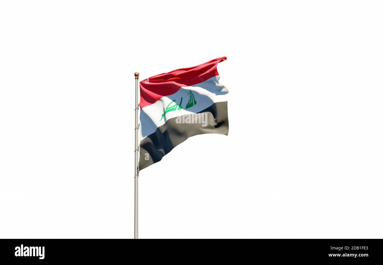 Bella bandiera nazionale dell'Iraq su sfondo bianco. Grafica 3D con flag di primo piano isolato. Foto Stock