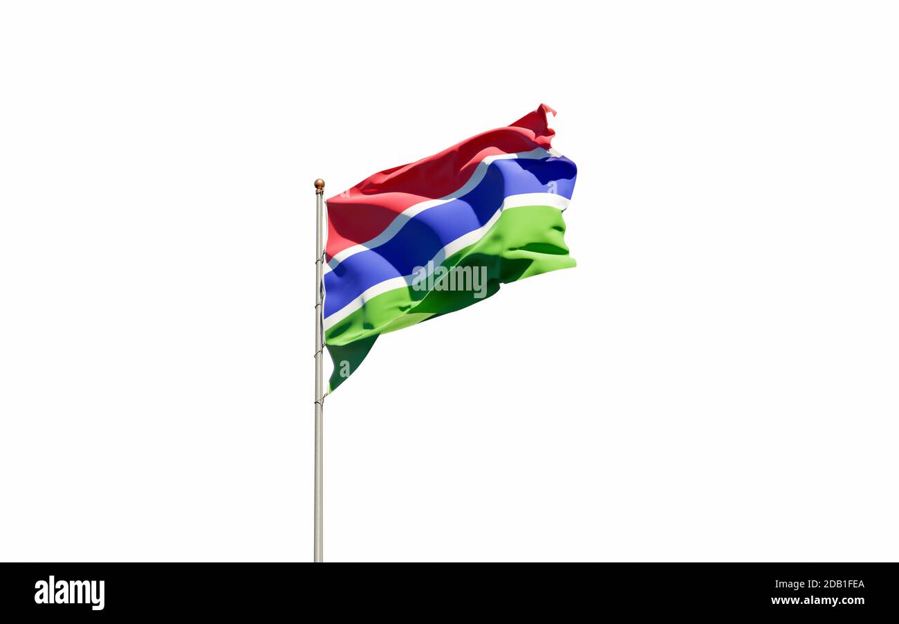 Bella bandiera nazionale del Gambia su sfondo bianco. Grafica 3D con flag di primo piano isolato. Foto Stock