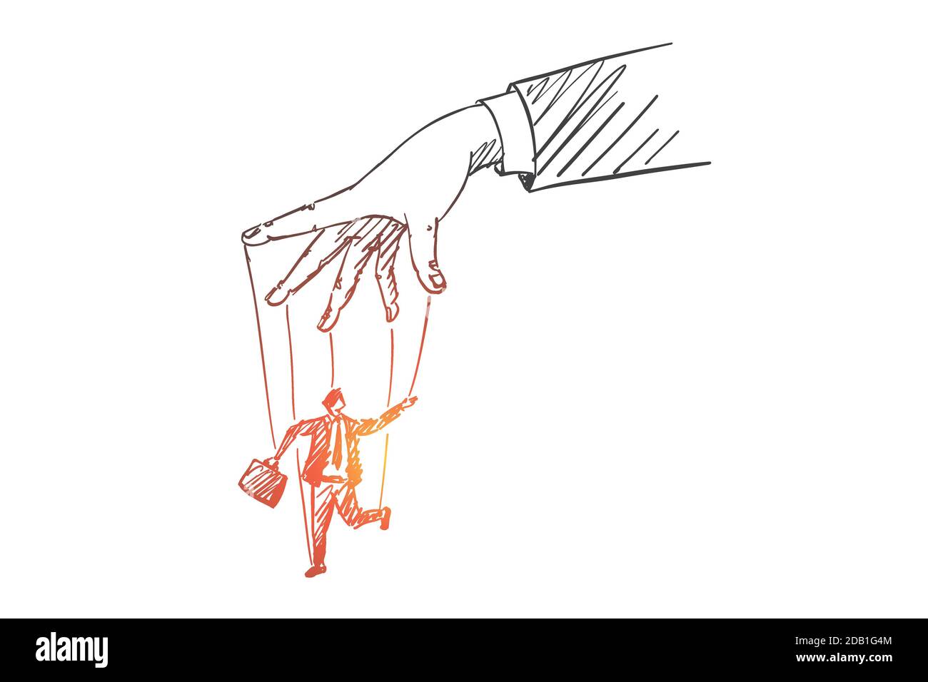 Braccio umano disegnato a mano che gioca con l'uomo come burattino Illustrazione Vettoriale