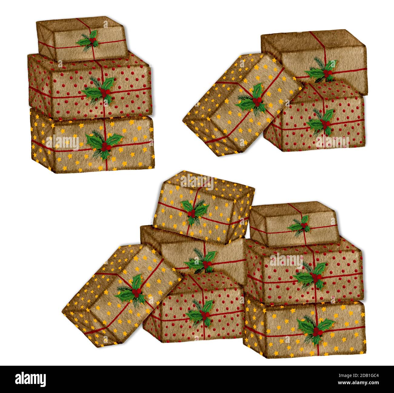 Collezione di regali di Natale vintage isolato su bianco, illustrazione acquerello con regali di Natale, bello set scatole regalo Foto Stock