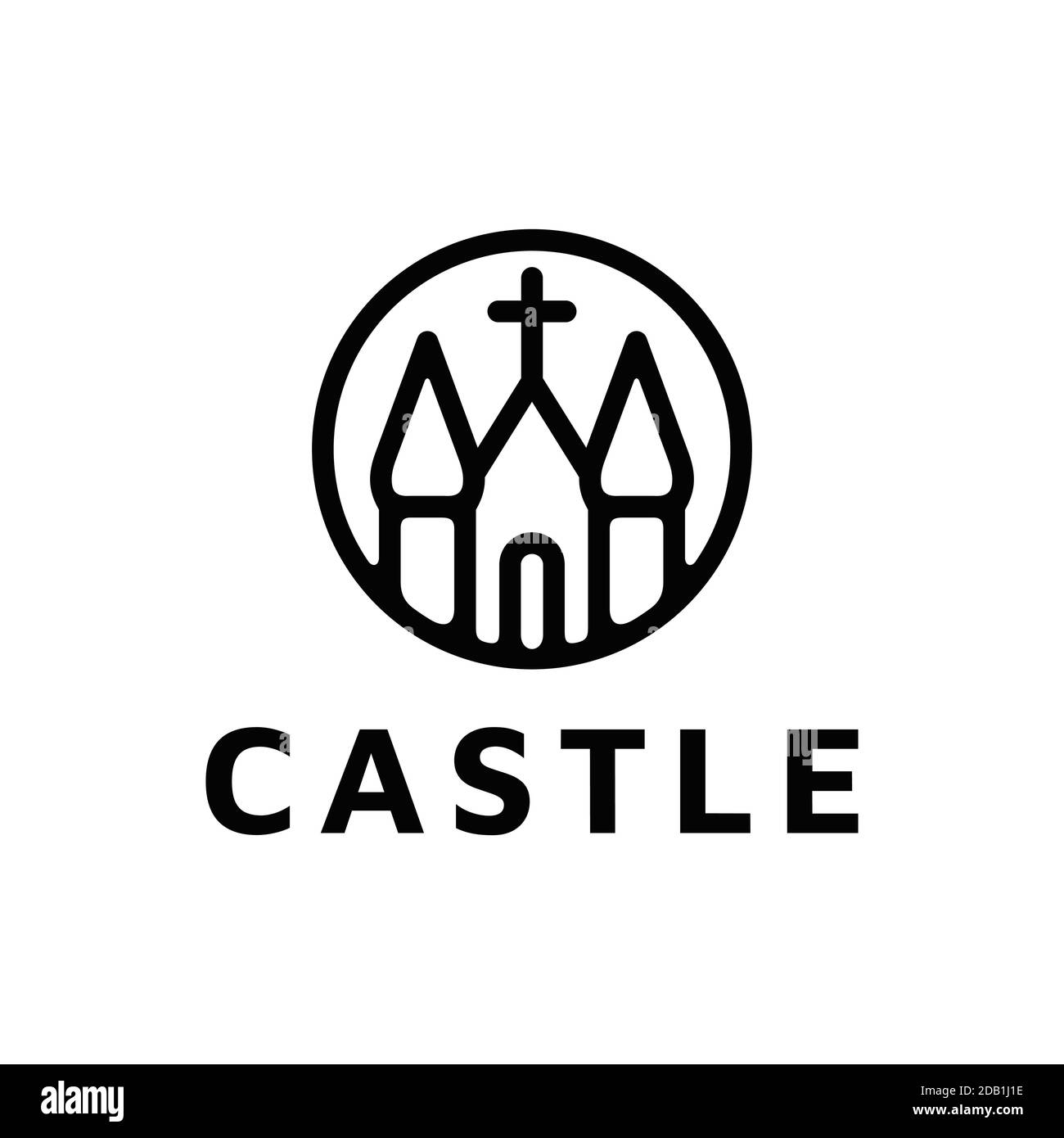 Castello minimalista / Chiesa edificio con il simbolo della Croce cristiana Cattolica Design con logo line art Illustrazione Vettoriale
