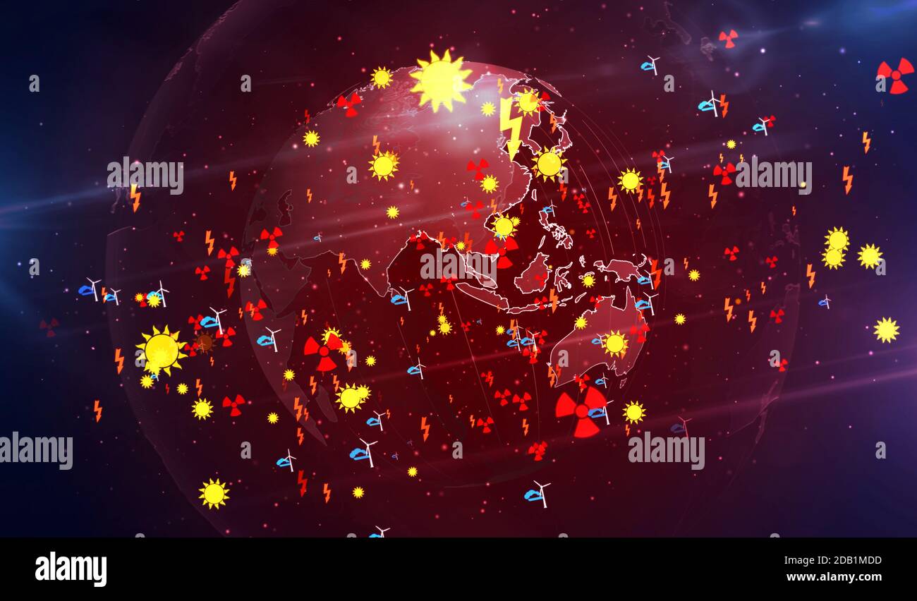 Simboli di produzione di energia verde illustrazione 3d. Concetto astratto sfondo digitale di energia solare, vento, elettricità nucleare, emissioni zero e deca Foto Stock