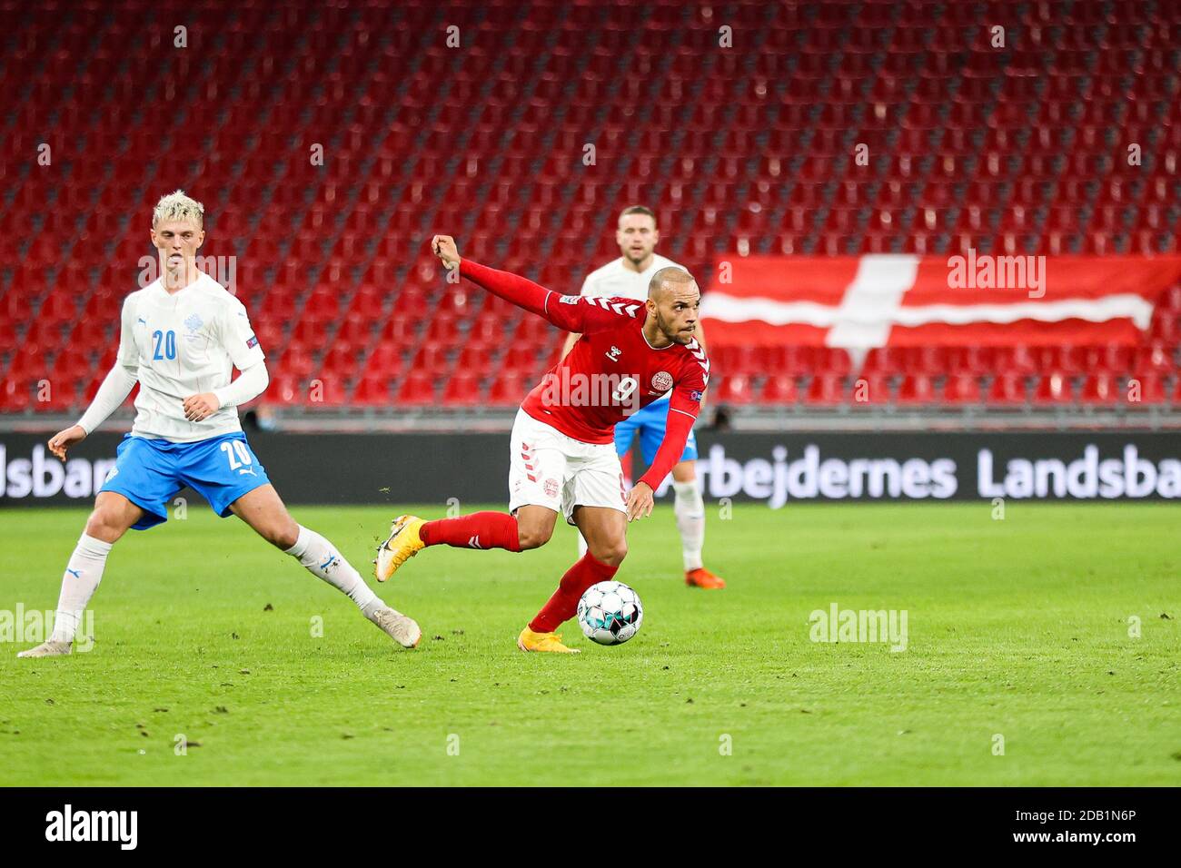 Copenaghen, Danimarca. 15 novembre 2020. Martin Braithwaite (9) della Danimarca visto durante la partita della Lega delle Nazioni tra Danimarca e Islanda il giorno 5 del gruppo B a Parken, Copenaghen. (Photo Credit: Gonzales Photo/Alamy Live News Foto Stock