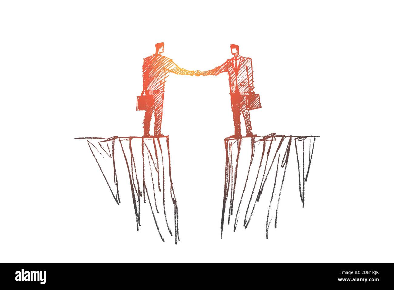 Handshake disegnata a mano di due uomini d'affari oltre il gap Illustrazione Vettoriale