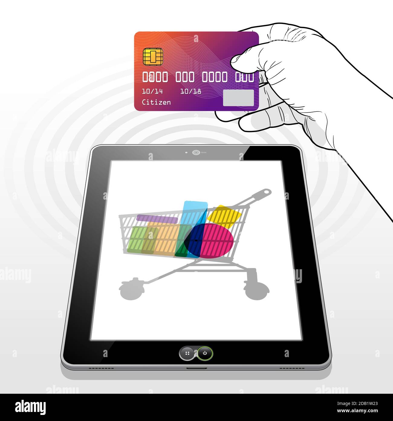 Presentazione di una carta di credito per effettuare una transazione di pagamento mentre si effettua l'acquisto online utilizzando un Tablet PC. Illustrazione Vettoriale
